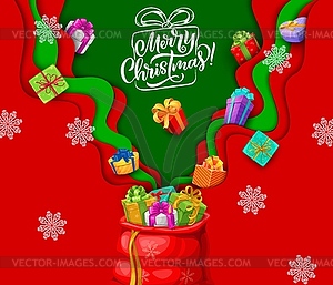 Christmas paper cut bag with snowflakes and gifts - vector image