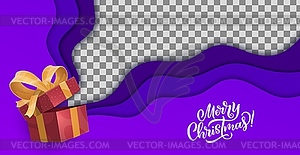 Christmas paper cut frame with gift, Merry Xmas - vector clip art