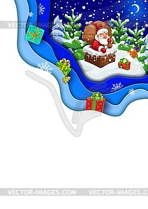 Christmas paper cut banner, cartoon santa on roof - royalty-free vector clipart