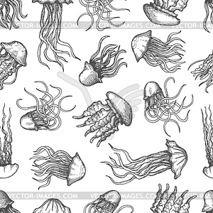 Jellyfish vintage sketch pattern, sea background - vector clipart