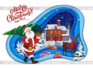 Рождественский вырезанный из бумаги Санта с рождественской праздничной елкой - векторное изображение клипарта