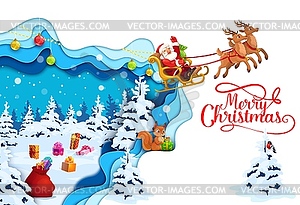 Christmas paper cut flying santa sleigh in forest - vector image