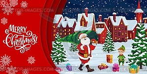 Christmas paper cut cartoon santa with pine tree - color vector clipart