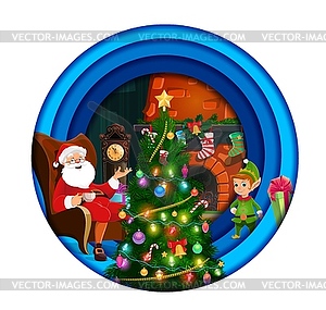 Christmas paper cut cartoon Santa, elf, fireplace - vector clip art