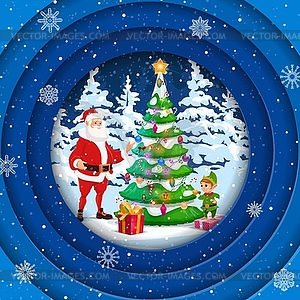 Christmas paper cut winter forest landscape, santa - royalty-free vector clipart