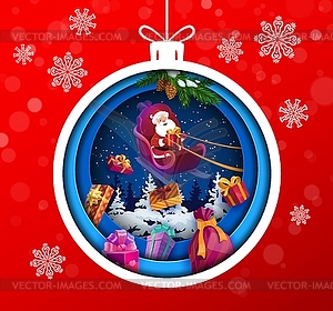 Christmas paper cut bauble, Santa on sleigh, gifts - vector image