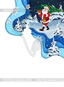 Christmas paper cut santa with pine holiday tree - vector clip art