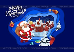 Рождественский вырезанный из бумаги мультяшный Санта в зимнем городе - изображение в векторном формате