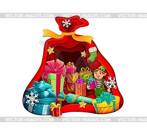 Christmas paper cut with santa gift bag and gnome - vector image