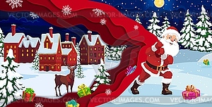 Christmas paper cut cartoon santa with big bag - vector clipart