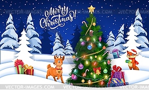 Рождественская лесная сосна, подарки, мультяшные животные - стоковый векторный клипарт