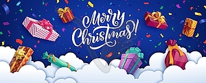 Christmas paper cut clouds, winter holiday gifts - vector image