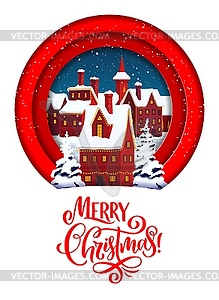 Christmas paper cut greeting card with winter town - vector clip art