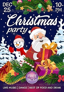 Флаер для рождественской вечеринки с мультяшным Сантой и подарками - изображение в векторе / векторный клипарт