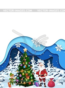 Christmas paper cut poster. Santa, gnome, tree - vector clipart