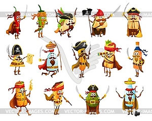 Набор забавных персонажей пиратов мексиканской кухни Tex mex - рисунок в векторном формате