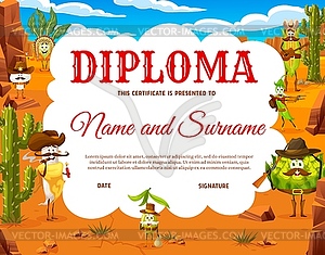 Kids diploma, cartoon cowboy vegetable characters - vector clipart