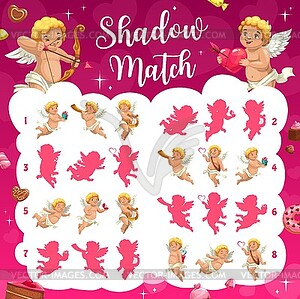 Shadow match puzzle game, cartoon cupids angels - color vector clipart