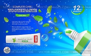 Green mint leaves and dental care toothpaste - vector clipart