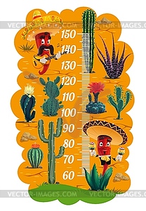 Kids height chart, Mexican cactuses and mariachi - vector image