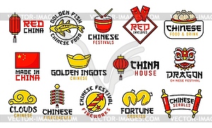 Chinese food, festival, holiday and religion icons - vector image