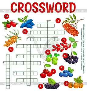 Cartoon berries crossword worksheet, game, puzzle - vector clip art