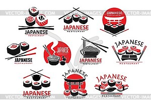 Japanese cuisine icons with sushi rolls and noodle - vector clipart