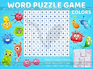 Cartoon viruses, microbe germs, word search puzzle - vector clipart