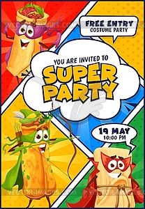 Superhero party flyer mexican food characters - vector image