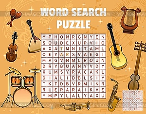 Word search game worksheet with music instruments - vector image