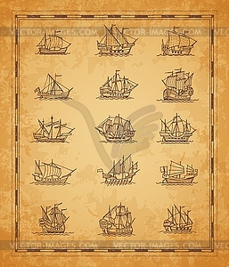 Vintage sail ships and sailboats sketches on map - vector clipart