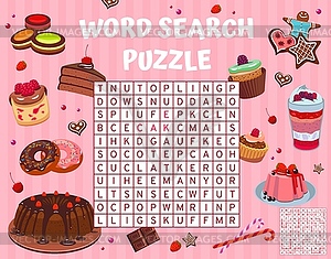 Cartoon cakes, pies, desserts, word search puzzle - vector clipart