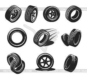 Набор графических ретро-иконок автомобильных колесных шин, ободных дисков - иллюстрация в векторном формате