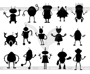 Robots and droids, alien cyborg silhouettes - vector image