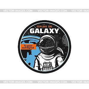 Astronaut in outer space, galaxy research icon - color vector clipart