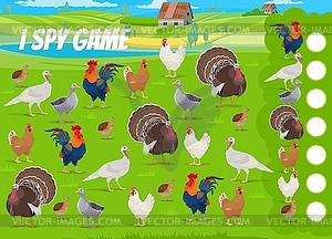 I spy game quiz worksheet with farm poultry birds - vector clip art