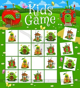 Sudoku kids game, fairytale magic house dwellings - vector clipart