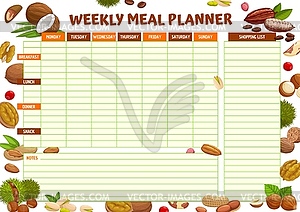 Weekly meal planner or schedule with cartoon nuts - vector clip art