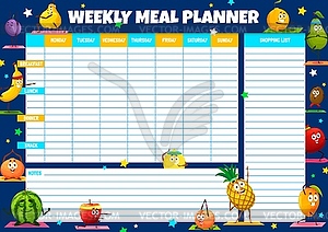 Weekly meal planner with cartoon fruits on yoga - vector clip art