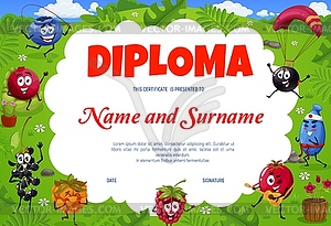 Kids diploma, berry characters on summer vacation - vector image