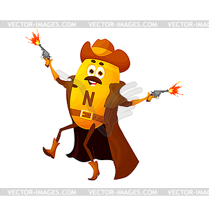 Cartoon vitamin N cowboy character with gun, hero - vector clipart