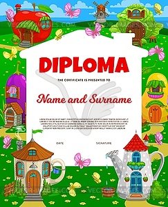 Kids diploma, fairy magic houses and elf village - vector image
