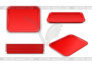 Красный пластиковый поднос для ланча реалистичный макет еды - иллюстрация в векторном формате