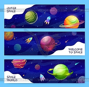 Space landscape banners, starry galaxy planets - color vector clipart