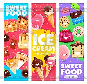 Ice cream, bakery and dessert cartoon characters - vector clipart