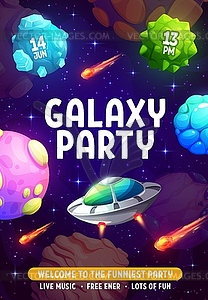 Galaxy party flyer with cartoon UFO and planets - vector clipart