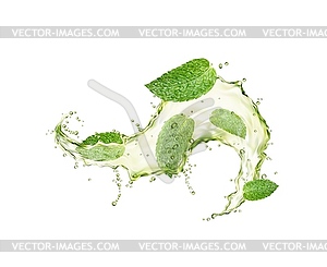 Green herbal tea wave splash, mint leaves flow - vector clipart