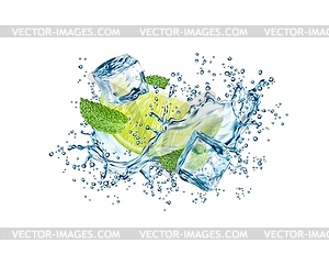 Напиток мохито, брызги водной волны с лаймом и льдом - векторное изображение EPS