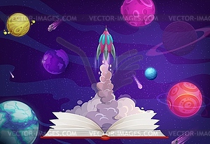 Space planets, rocket launch of opened book - vector clipart