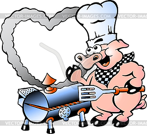 Hand-drawn an Chef Pig making BBQ - vector image